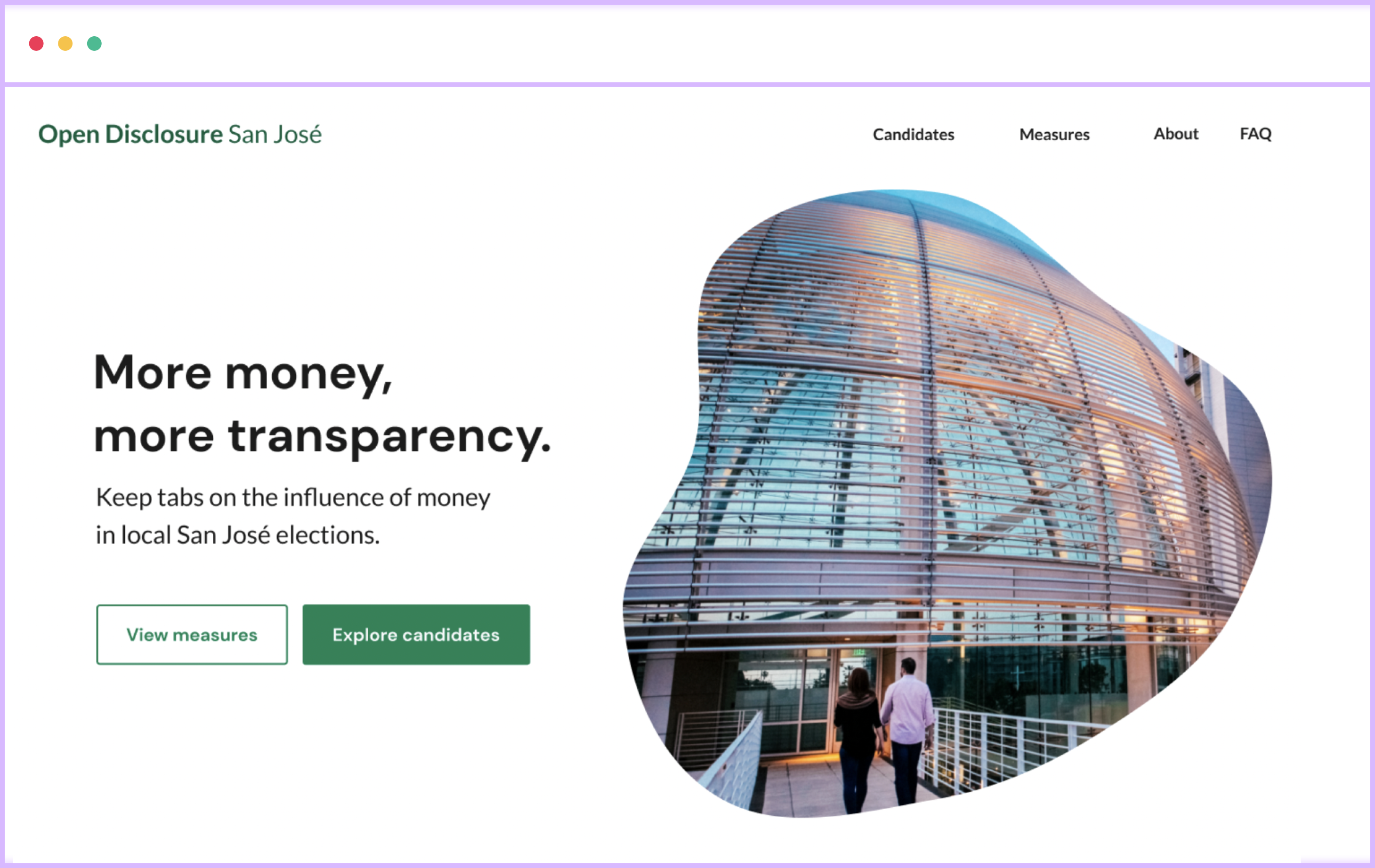 Desktop image of Open Disclosure election finance tracking home page
