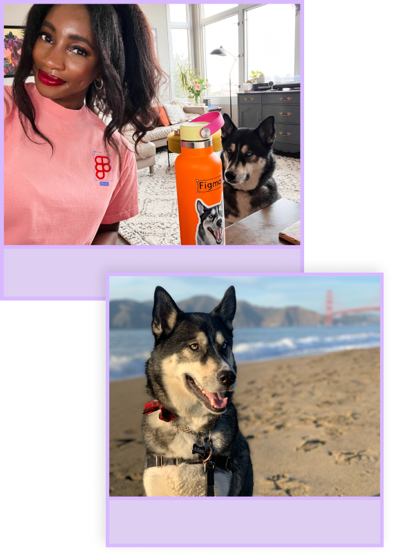Picture of Diane at her desk with a Figma t-shirt and water bottle. Also pictured is Diane's dog, a husky wearing a bow tie.